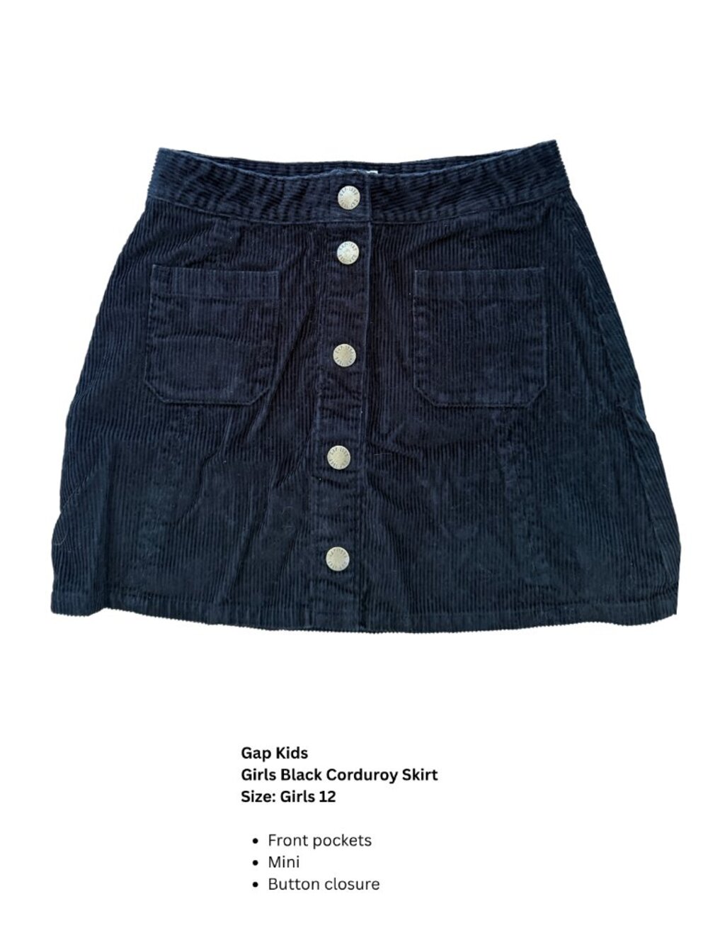 Gap Kids Girls 12 Black Corduroy Mini Skirt Button Front Pocket
